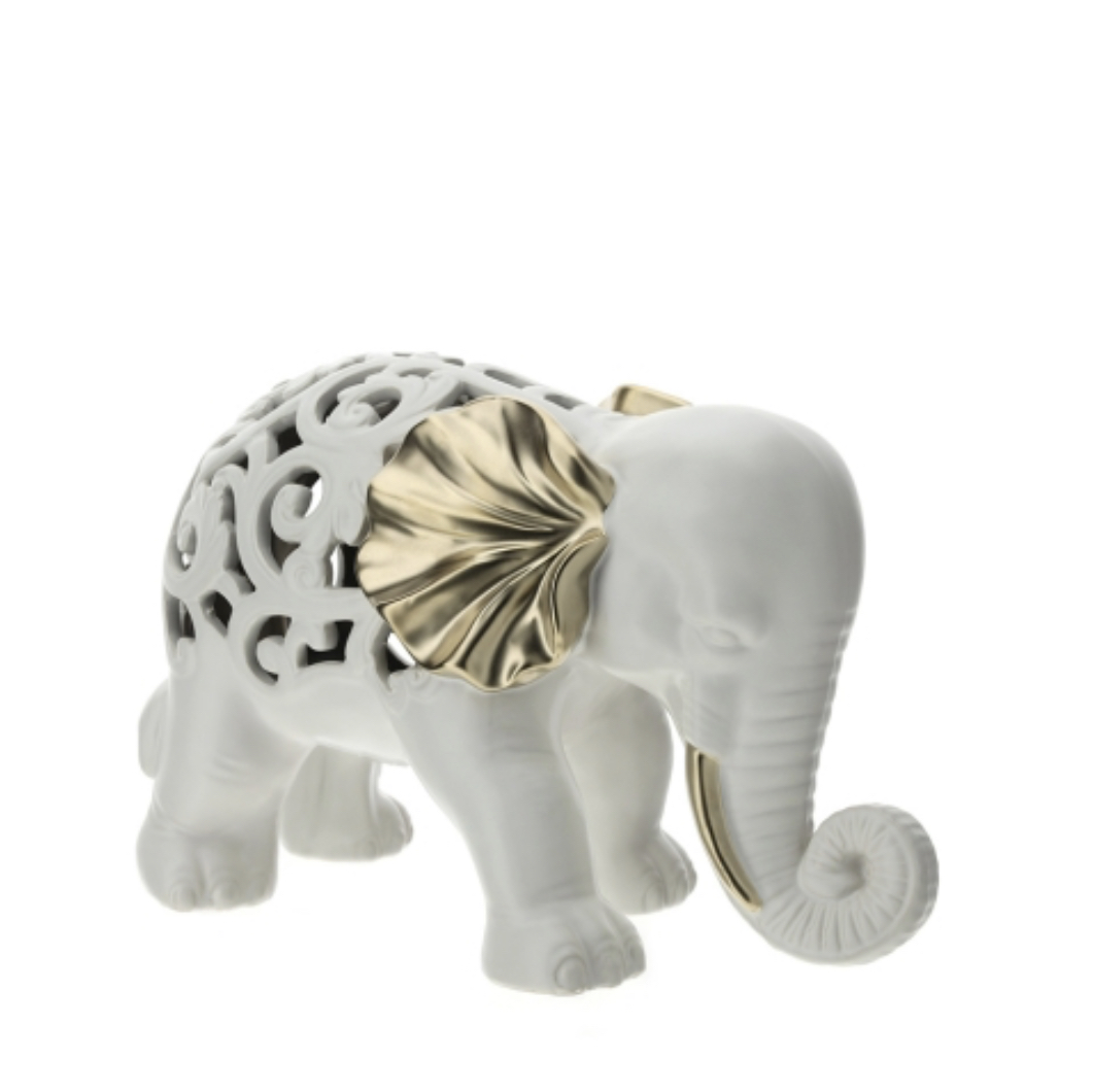 Elefante traforato Bianco e Oro realizzato in Grès.
